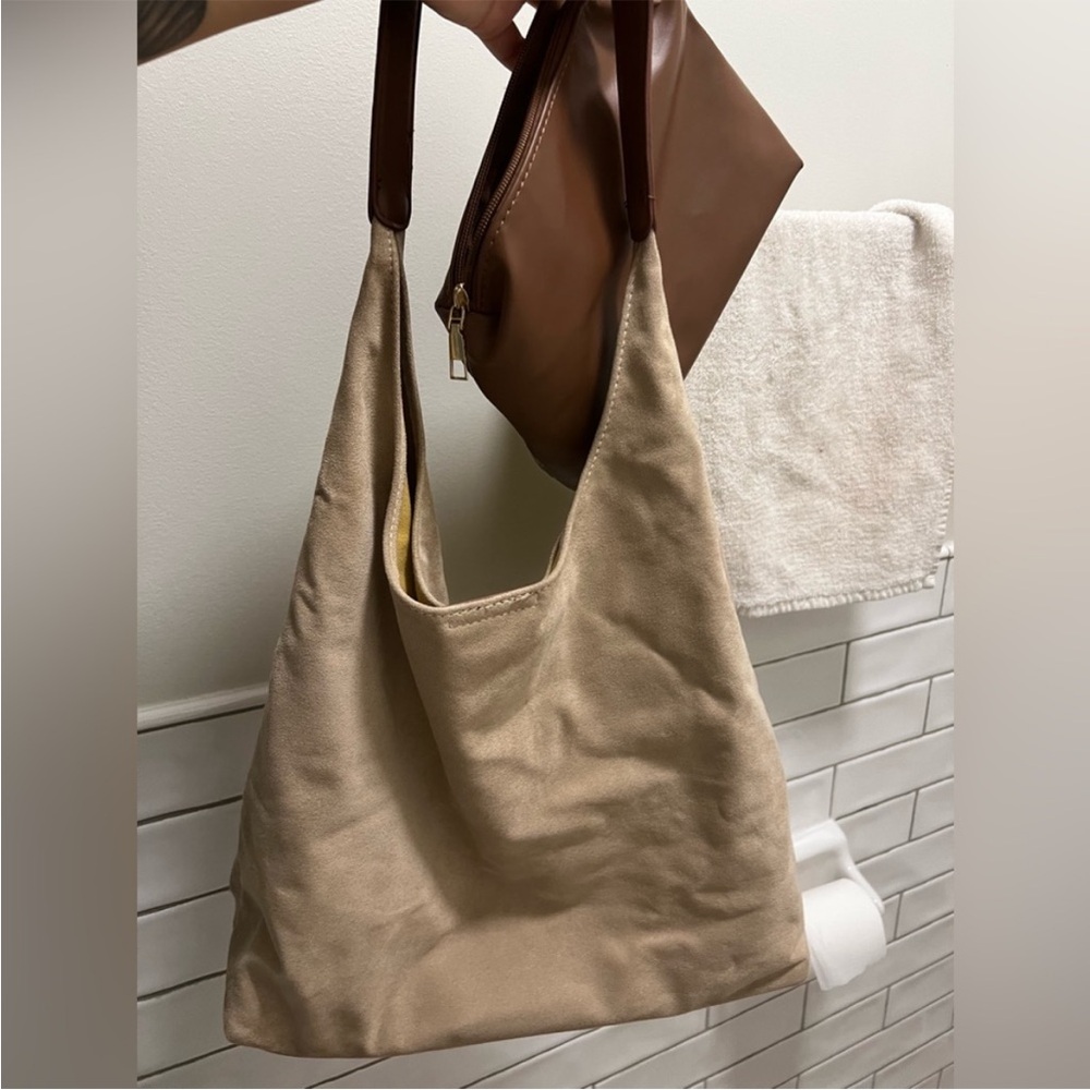 Faux suede hobo handbag with pouch